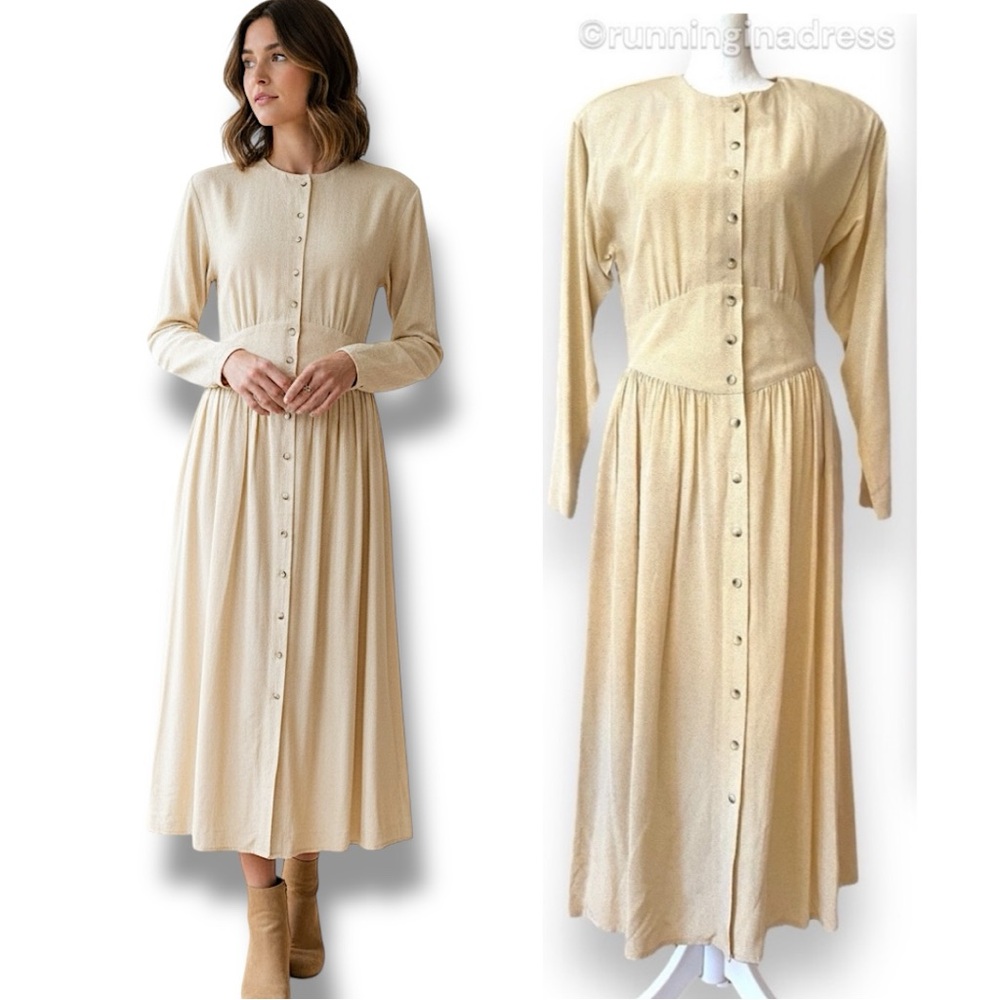 Vtg 90s Liz Claiborne 100% Rayon Button Down Midi Dress pockets Ivory 8P Fits 4
